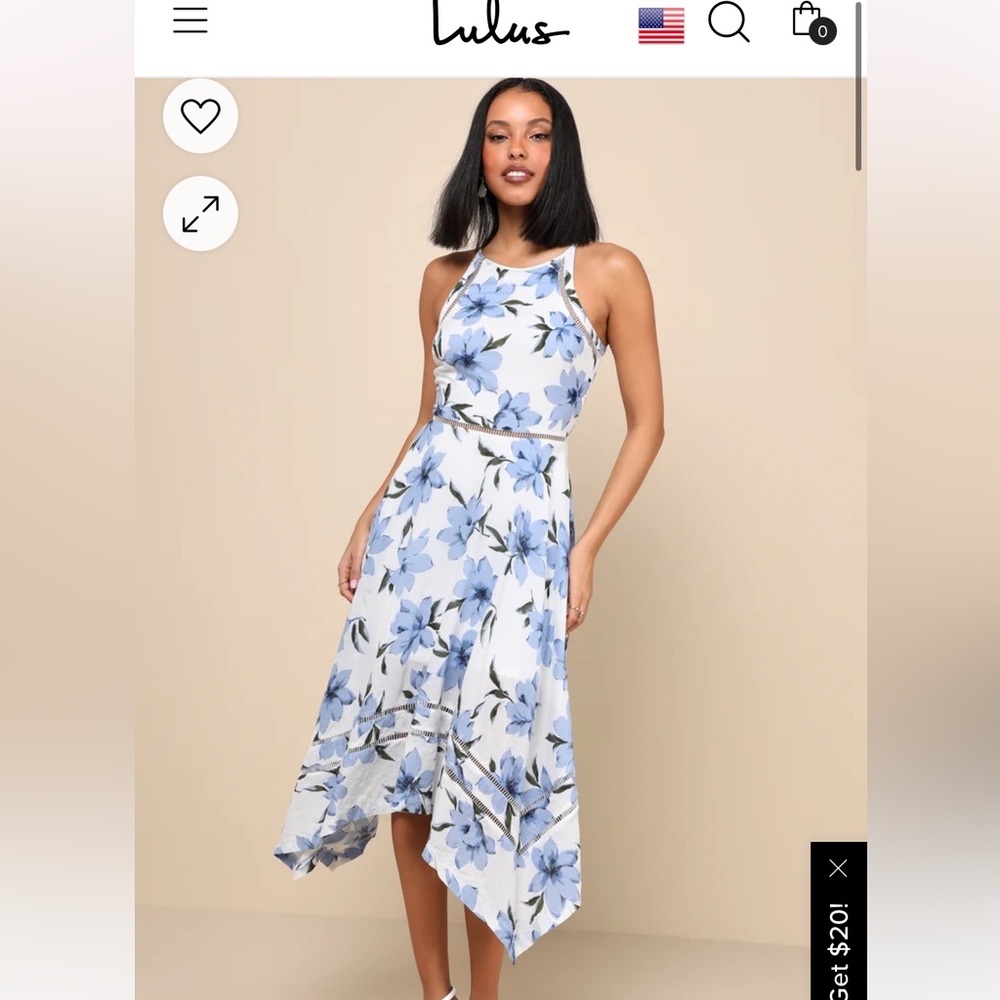 Lulus Zahara Blue and White Floral Print Midi Dress